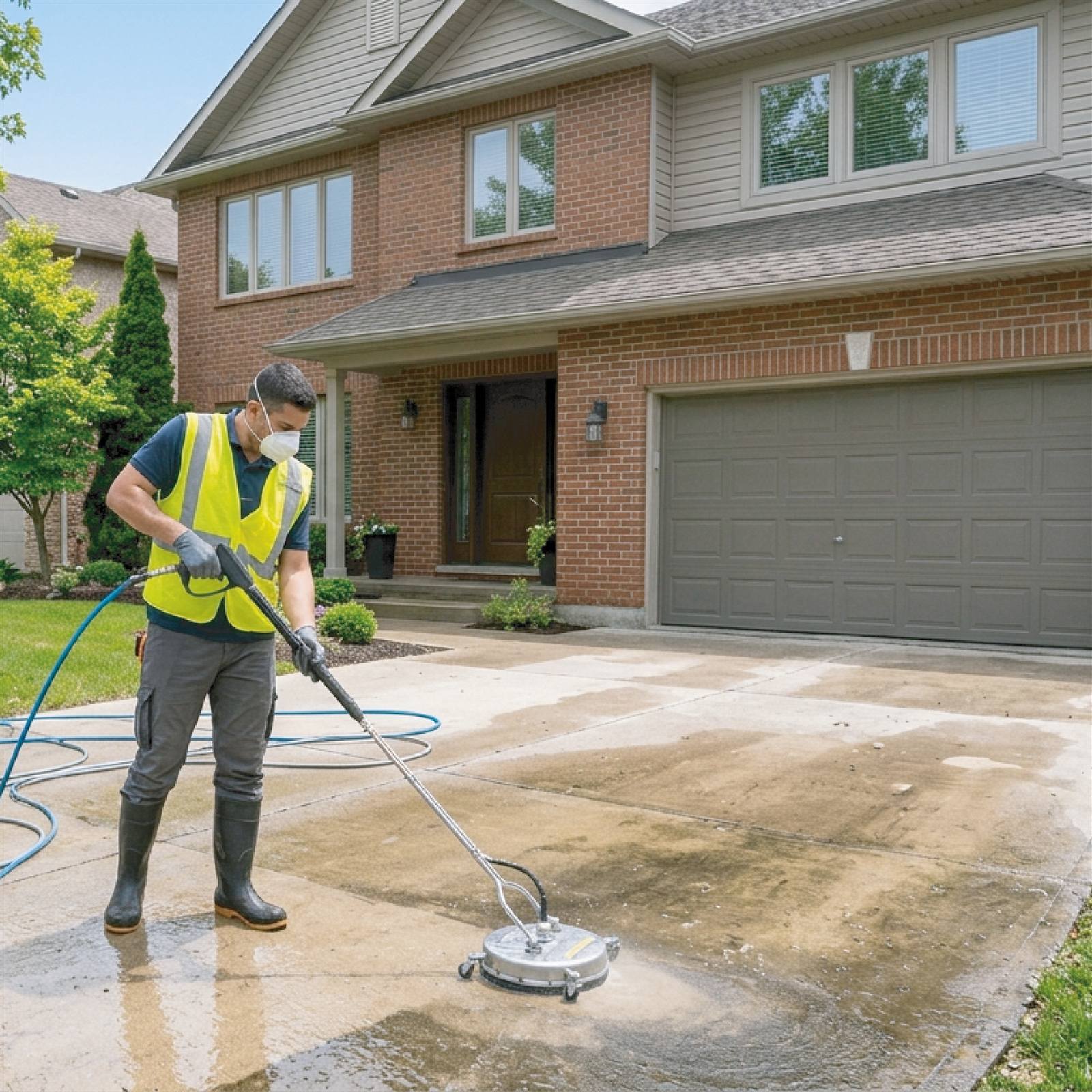 Technician pressure washing a concrete driveway at a residential home